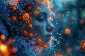 AI Image. Woman head made of fungus and bacteria structures