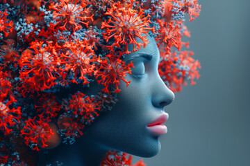 AI Image. Woman head made of fungus and bacteria structures