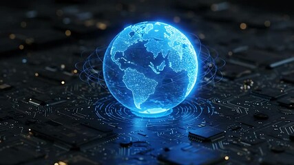 Digital representation of Earth on a circuit board, symbolizing technology and connectivity - Powered by Adobe