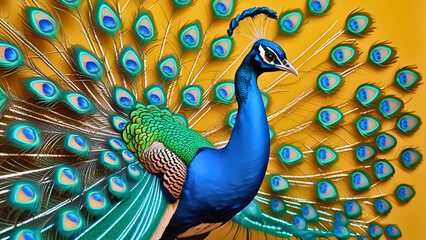 Majestic peacock displaying vibrant blue and green plumage against a warm golden yellow backdrop, feathers spread