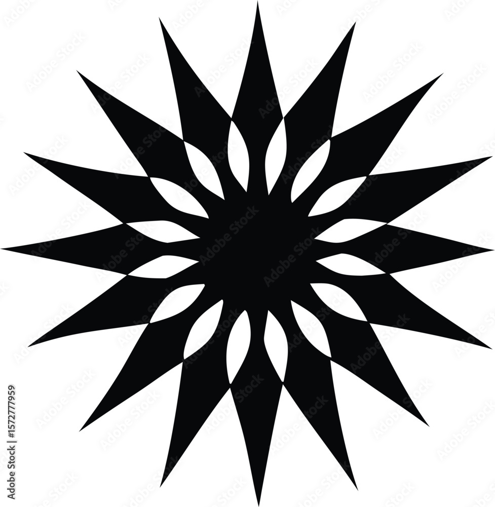 Poster intricate black geometric starburst pattern with sharp points and curved petal like negative spaces 