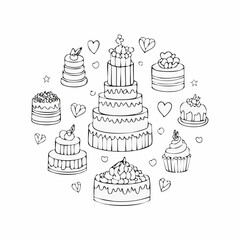Set of hand drawn wedding and birthday cakes, cupcakes and pies. Whimsical doodle desserts illustrations. Coquette bakery items. Line art sweet pastry ...
