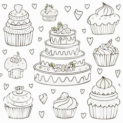 Set of hand drawn wedding and birthday cakes, cupcakes and pies. Whimsical doodle desserts illustrations. Coquette bakery items. Line art sweet pastry ...