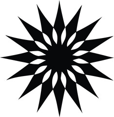 Intricate black geometric starburst pattern with sharp points and curved petal like negative spaces radiating outwards from a central dark circle