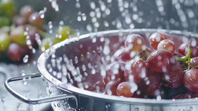 Fresh red grapes being rinsed under water spray