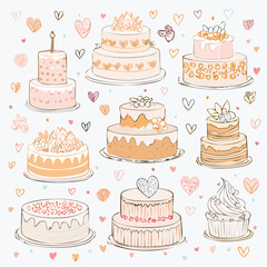 Set of hand drawn wedding and birthday cakes, cupcakes and pies. Whimsical doodle desserts illustrations. Coquette bakery items. Line art sweet pastry ...