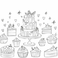 Set of hand drawn wedding and birthday cakes, cupcakes and pies. Whimsical doodle desserts illustrations. Coquette bakery items. Line art sweet pastry ...