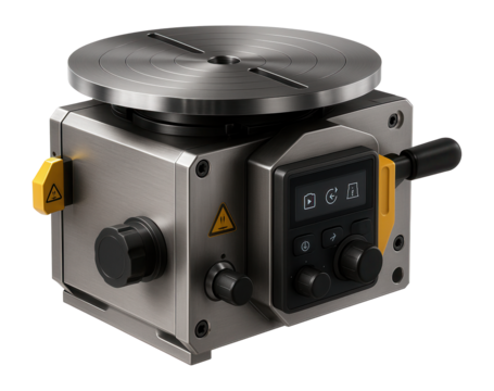 Multi-axis welding turntable with a digital readout and synchronized rotation for complex assemblies in robotics.