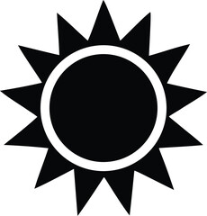 A stark black and white graphic icon representing a stylized sun with sharp pointed rays and a circular outline