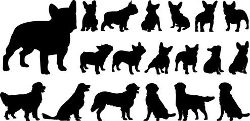 set of silhouettes of dogs of different breeds, vector