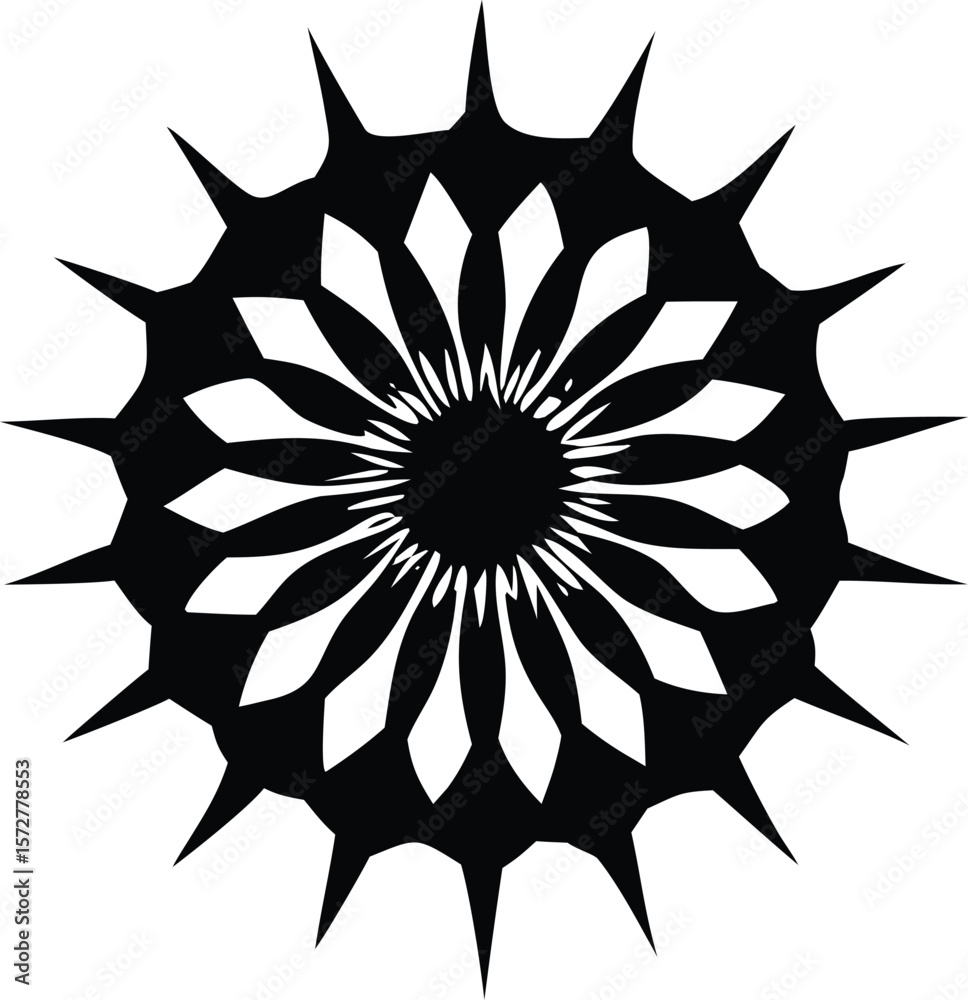 Poster intricate black geometric starburst design with sharp spiky outer edges and petal like inner pattern