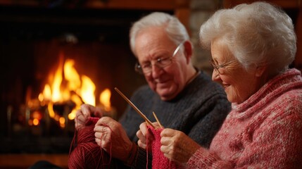 Older couple knitting together by a warm fireplace in a cozy indoor setting during daytime.
