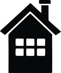 Simple black silhouette of a house with a chimney and six square windows against a white background