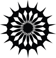 Intricate black geometric starburst design with sharp spiky outer edges and petal like inner patterns
