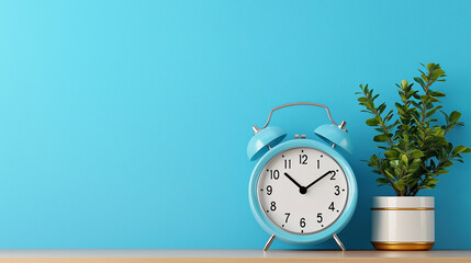 Colorful clock and plant on wooden table against blue wall
