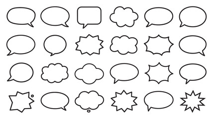 Hand Drawn Speech Bubble Icons Set. Comic Style Chat Balloons, Thought Bubbles, and Text Frames. Black Outline Vector on White Background