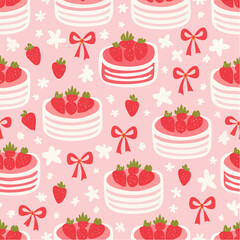 Seamless vector pattern with cute bento strawberry cake and red bows. Girly dessert on pink background. Hand drawn doodle coquette texture for wallpaper, wrapping paper, textile ...