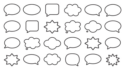 Fototapeta premium Hand Drawn Speech Bubble Icons Set. Comic Style Chat Balloons, Thought Bubbles, and Text Frames. Black Outline Vector on White Background