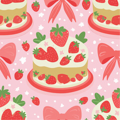 Seamless vector pattern with cute bento strawberry cake and red bows. Girly dessert on pink background. Hand drawn doodle coquette texture for wallpaper, wrapping paper, textile ...