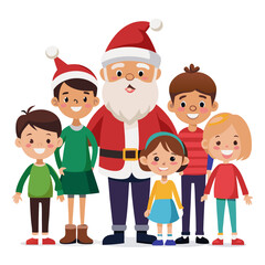 Santa Claus with diverse group of happy children vector illustration for Christmas holiday gatherings and festive celebrations.

