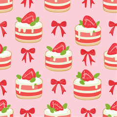 Seamless vector pattern with cute bento strawberry cake and red bows. Girly dessert on pink background. Hand drawn doodle coquette texture for wallpaper, wrapping paper, textile ...