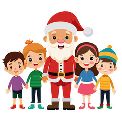 Fototapeta premium Santa Claus with diverse group of happy children vector illustration for Christmas holiday gatherings and festive celebrations.