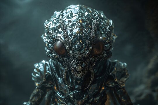 Close up of a metallic alien insectoid with large eyes and intricate crystalline armor design in dark setting