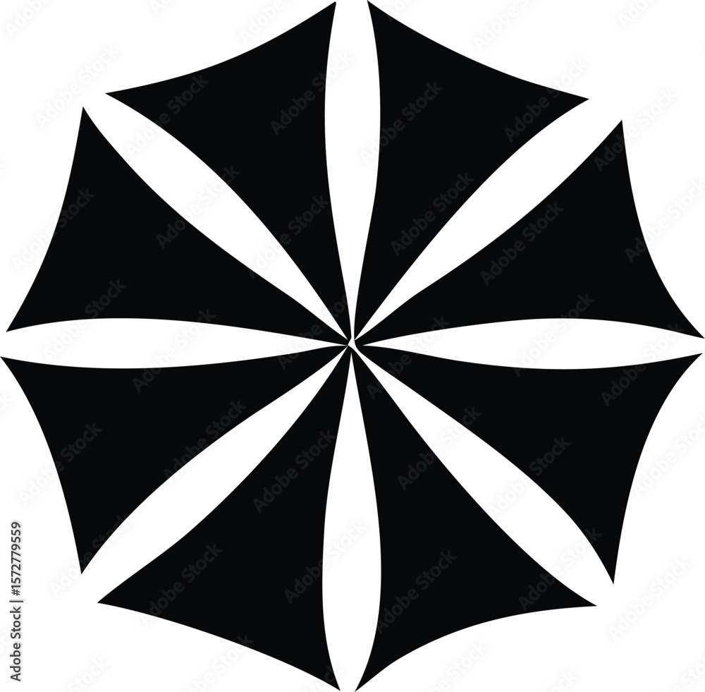 Poster abstract radial starburst pattern with eight pointed black segments and curved white negative space 