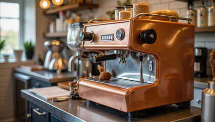 Fototapeta premium Vintage espresso machine on countertop in modern coffee shop 
