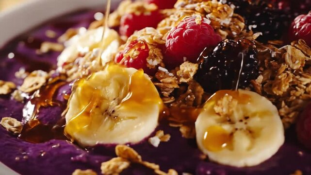 Savor the goodness of a healthy acai bowl, brimming with fresh bananas, granola, raspberries, and blackberries, all drizzled with sweet honey for a delightful treat.