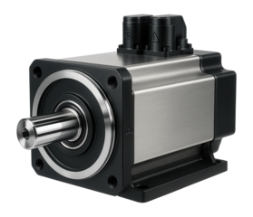 Servo motor with a high-inertia rotor and a flanged base for smooth operation in injection molding machines.