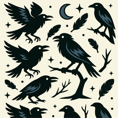 Seamless Pattern of Gothic Crows, Feathers, and Moon – Vintage Halloween Bird Vector Design