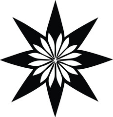 A striking black eight pointed starburst design featuring a delicate white floral pattern at its core creating a bold contrast