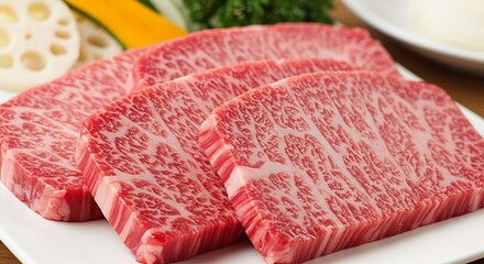 Close-up of fresh Wagyu beef slices on a plate delicious food