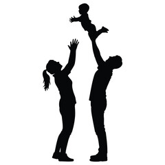 Black and white silhouette vector of parents lifting child up together in a joyful family moment scene