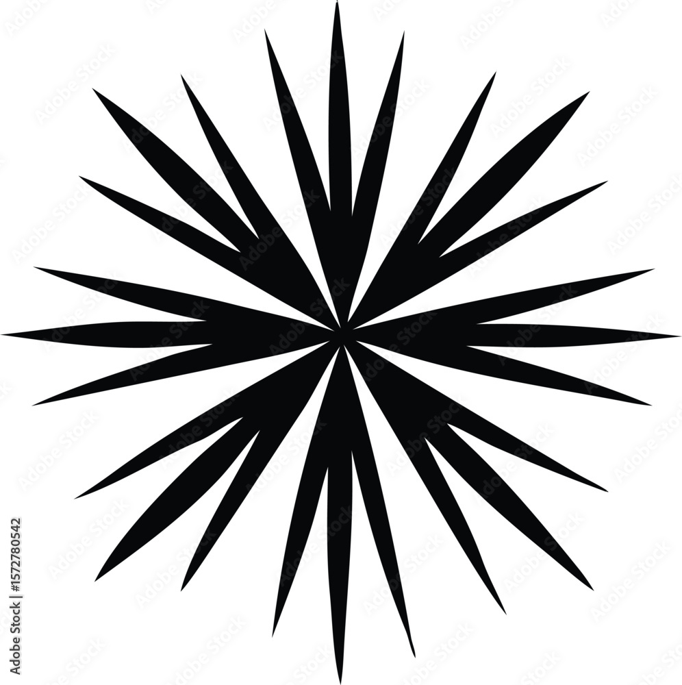 Poster a sharp black starburst pattern with many pointed rays radiating outwards from a central point on a 
