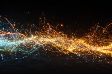 Chaotic glowing scribble lines in electric colors over dark void 