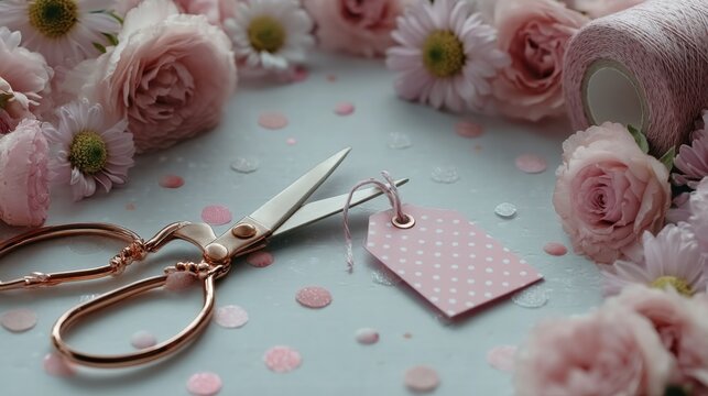 Pink flowers and silver scissors arranged on a wooden table with natural daylight, close-up view.