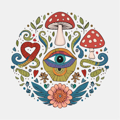 Vector set of 70s psychedelic tattoo clipart. Retro groovy graphic elements of snake, heart, skull, eye, mushrooms, potion. Cartoon hippy stickers. Vintage boho ...