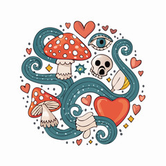 Vector set of 70s psychedelic tattoo clipart. Retro groovy graphic elements of snake, heart, skull, eye, mushrooms, potion. Cartoon hippy stickers. Vintage boho ...