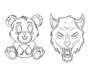 Dual icon set featuring a cute bear and fierce wolf in hand-drawn line art. Ideal for contrasts in characters: good vs wild. Use in games, books, or merchandise.