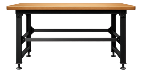 Heavy-duty metal workbench with a thick wooden top for industrial workshops.