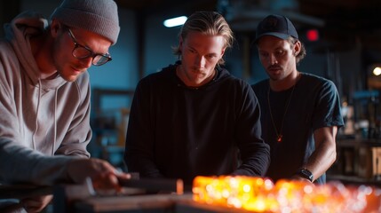 Three artists create glass art in a workshop during evening hours, showcasing teamwork and craftsmanship under warm lighting
