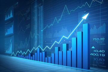 Naklejka premium Futuristic Blue Glowing 3D Stock Chart with Upward Arrows – Financial Growth and Analytics Visualization
