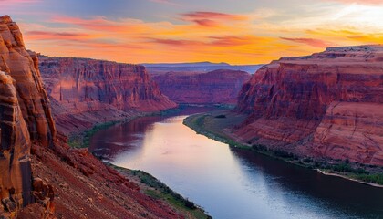 Breathtaking canyon view at sunset with vibrant colors reflecting on water