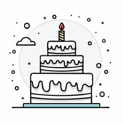 Outline doodle icon of a birthday cake with candle. Baked dessert for party and celebration. Hand drawn doodle illustration. Lineair sketch element