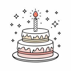 Outline doodle icon of a birthday cake with candle. Baked dessert for party and celebration. Hand drawn doodle illustration. Lineair sketch element