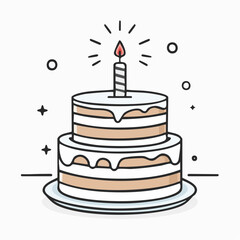 Outline doodle icon of a birthday cake with candle. Baked dessert for party and celebration. Hand drawn doodle illustration. Lineair sketch element