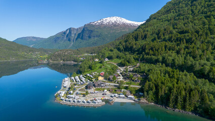 Full aerial of Sande Camping and lake Lovatnet in Loen