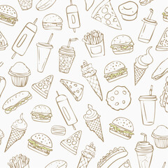 Seamless vector banner with outline fast food icons. Background with hand drawn drawings pizza, burger, hotdog, ice cream, soda, coffee. Sketch food pattern. Doodle silhouettes of takeaway ...